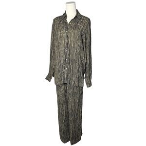 Vintage Halston Abstract Stripe Long Sleeve Button Down & Pant Loungewear Set